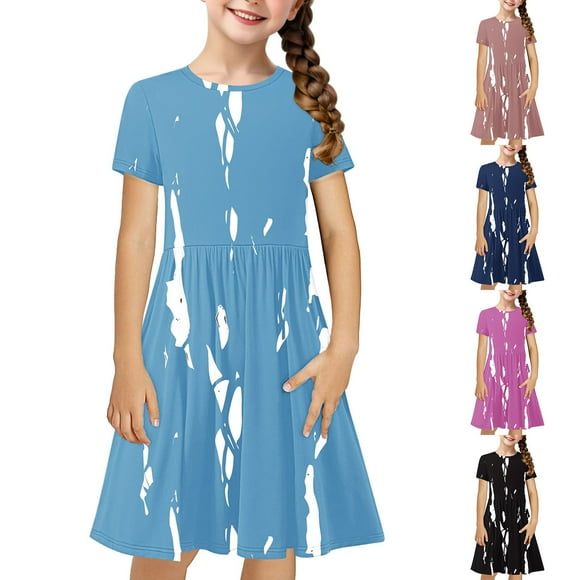Sentmoon Boys Summer Clothes Girls Delightful Crew Neck Boys Girl Dress Puffed Sleeve Relaxed with Print Beach Birthday Dress for Girls for City Sightseeing 13 Years