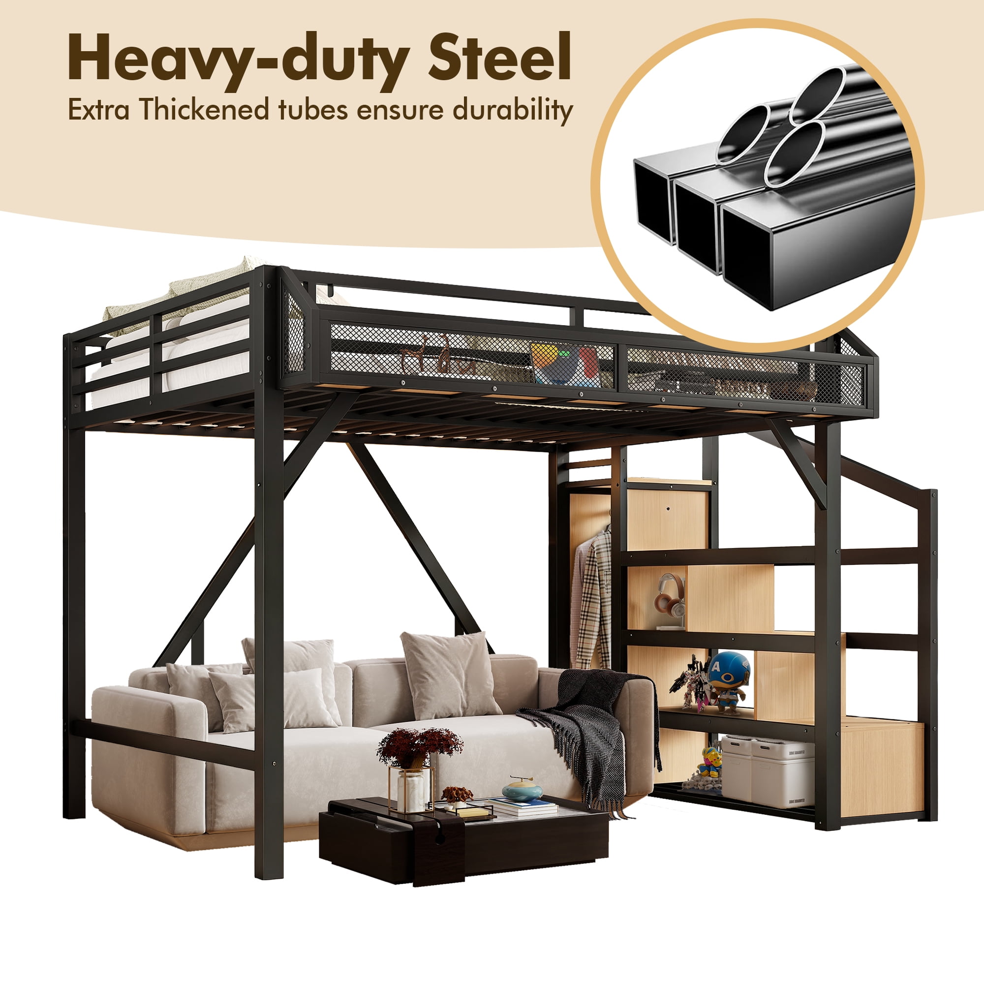Aukfa Full Metal Loft Bed with Storage Stairs, Shelves, Wardrobe, USB Ports & LED Lights, Heavy-Duty Bed Frame for Teens, Kids & Adults, Black