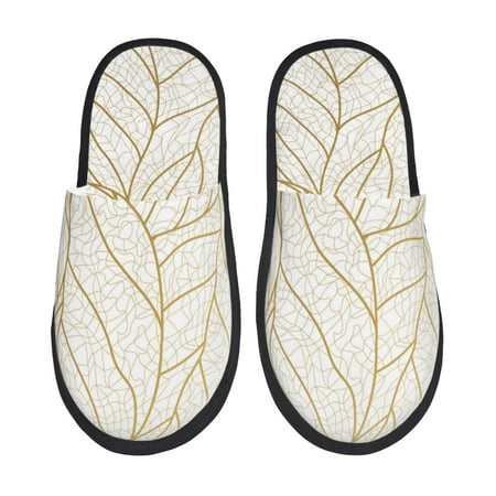 

Fuzoiu Elegant Gold Leaf Pattern Print Unisex Furry Slippers Plush Indoor Shoes Trendy House Slippers Anti-Skid EVA Sole House Shoes for Home Office and Travel -Large