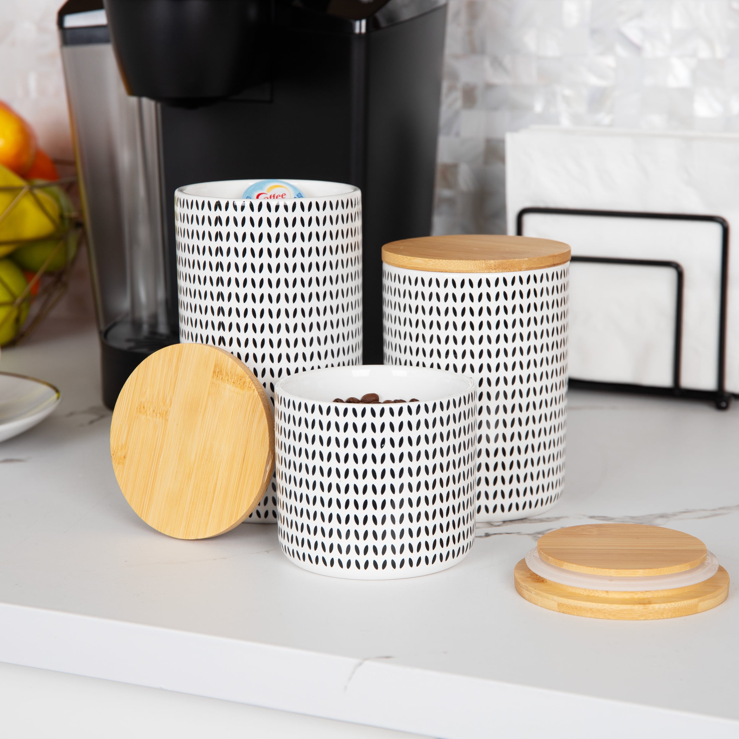 Mind Reader 3-Piece Canister Set, Sugar Container, Coffee Storage, Lids, Kitchen, Ceramic