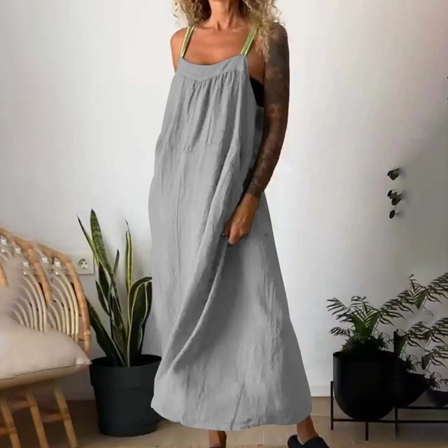 Meichang Robes à Bretelles Spaghetti pour Femmes Maxi Robe d'Été Sans Manches Coupe Ample Coton Lin Robes Été Swing Fluides Longues Robes