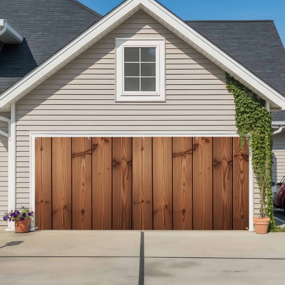 Brown Wooden Grain Garage Door Cover Banner 7 x 16 FT, Farmhouse Country Vintage Texture Garage Door Curtains Backdrop with Grommets for Indoor Outdoor Wall Party Porch Yard Decorations Background