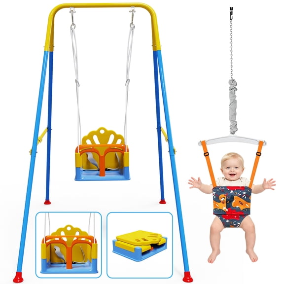 2-in-1 Baby Jumper & Swing, Foldable Toddler Swing Outdoor Toys, Baby Swing for Outside, Orange & Blue