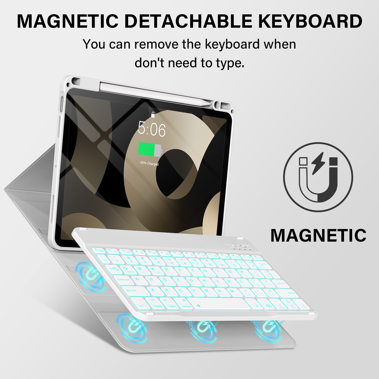 Kenke Keyboard Case for iPad Air 11-inch M3/M2 (2025/2024), iPad Air 5th/4th Generation (2022/2020) - with Pencil Holder,7 Colors Backlit Keyboard,Wireless Detachable Keyboard Cover,(Grey)