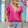thumbnail image 2 of Top de manga corta con cuello en V y encaje satinado, elegante, transpirable, suelto, Top de verano para mujer para el trabajo, 2 of 6