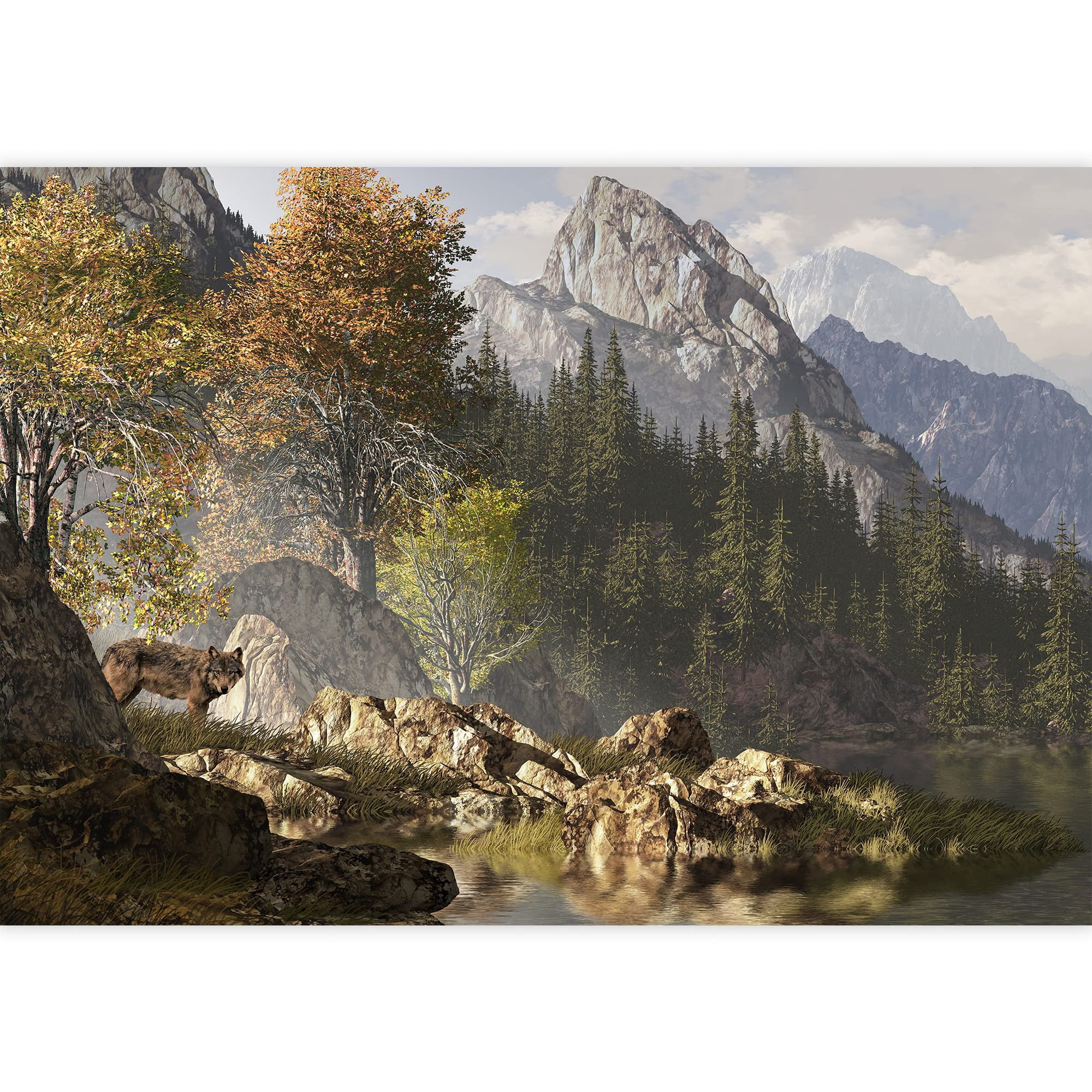 wall26 - Wolf Near a Lake in a Rocky Mountain Landscape