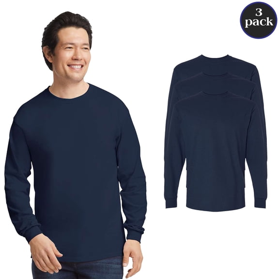 Gildan Ultra Cotton Long Sleeve T-Shirt for Men, Rib Cuffs Navy Color Blank Tee, 3-Pack, Size S