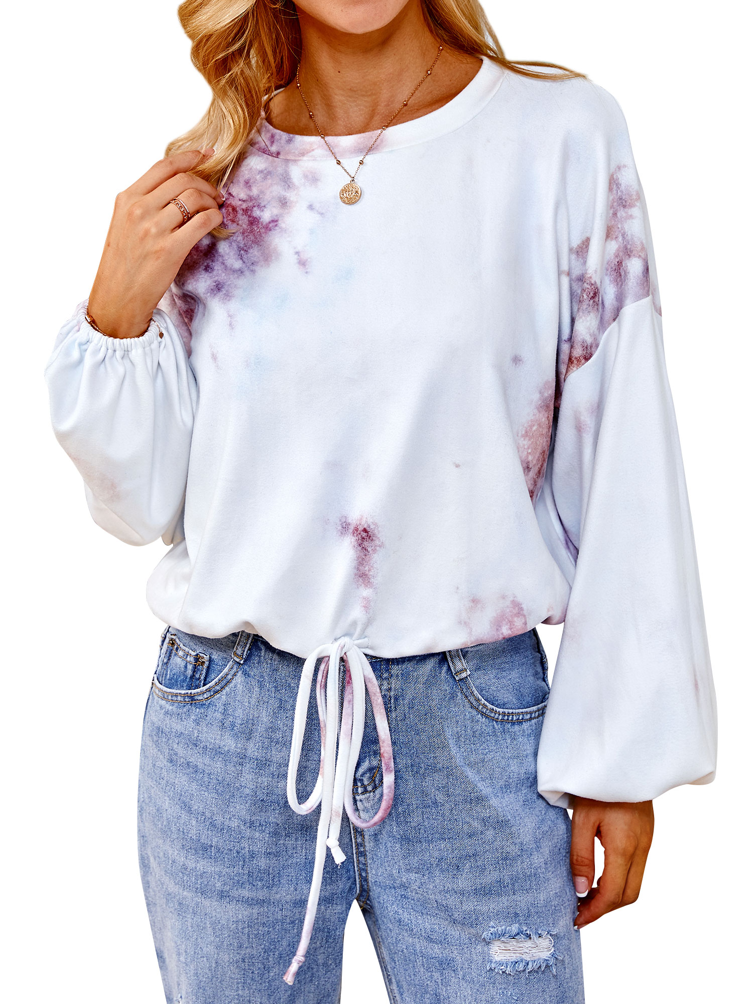 ZXZY Women TieDyed Crew Neck Long Sleeves Elastic Drawstring Hem Top