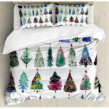Christmas King Size Duvet Cover Set, Big Collection of Watercolor Christmas Fir Trees Artistic Abstract Silhouettes, Decorative 3 Piece Bedding Set with 2 Pillow Shams, Multicolor, by