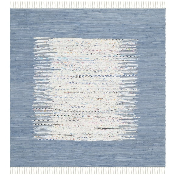 SAFAVIEH Montauk Tennyson Braided Border Cotton Area Rug, Ivory/Dark Blue, 4' x 4' Square
