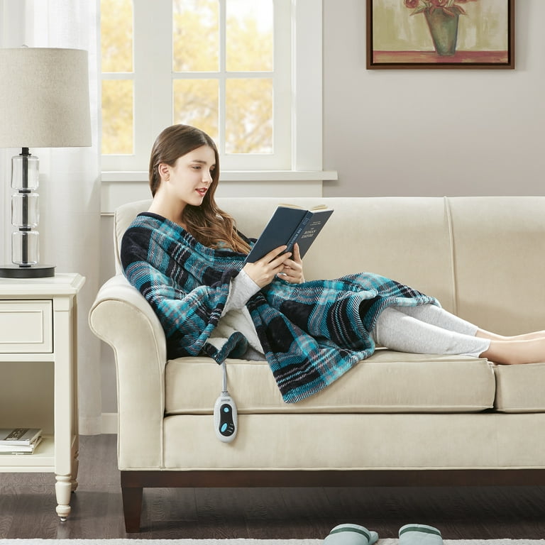 Beautyrest Soft Sherpa Fleece Electric Heated Blanket Wrap with Auto  Shutoff , 50 x 64, Aqua Plaid - Walmart.com