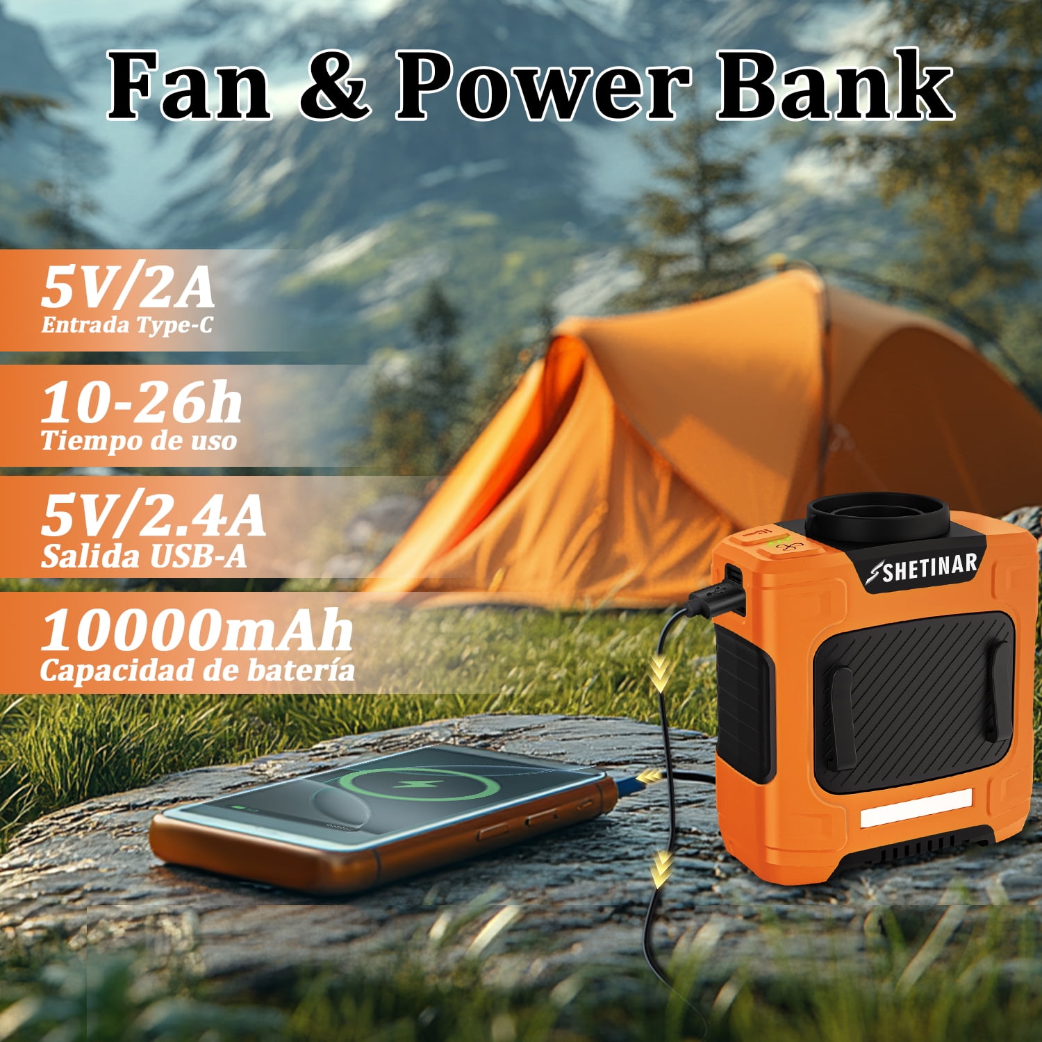 Shetinar 7-in-1 Powerful Portable Personal Fan with Waist Clip, 16000RPM Speed, 10000mAh Rechargeable, Mini Fan for Camping, Work and Outdoor Use (Orange)