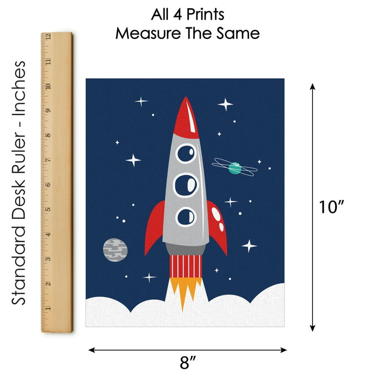 Big Dot of Happiness - Blast Off to Outer Space - Unframed Rocket Ship Nursery and Kids Room Linen Paper Wall Art - Set of 4 - Artisms - 8 x 10 Inches