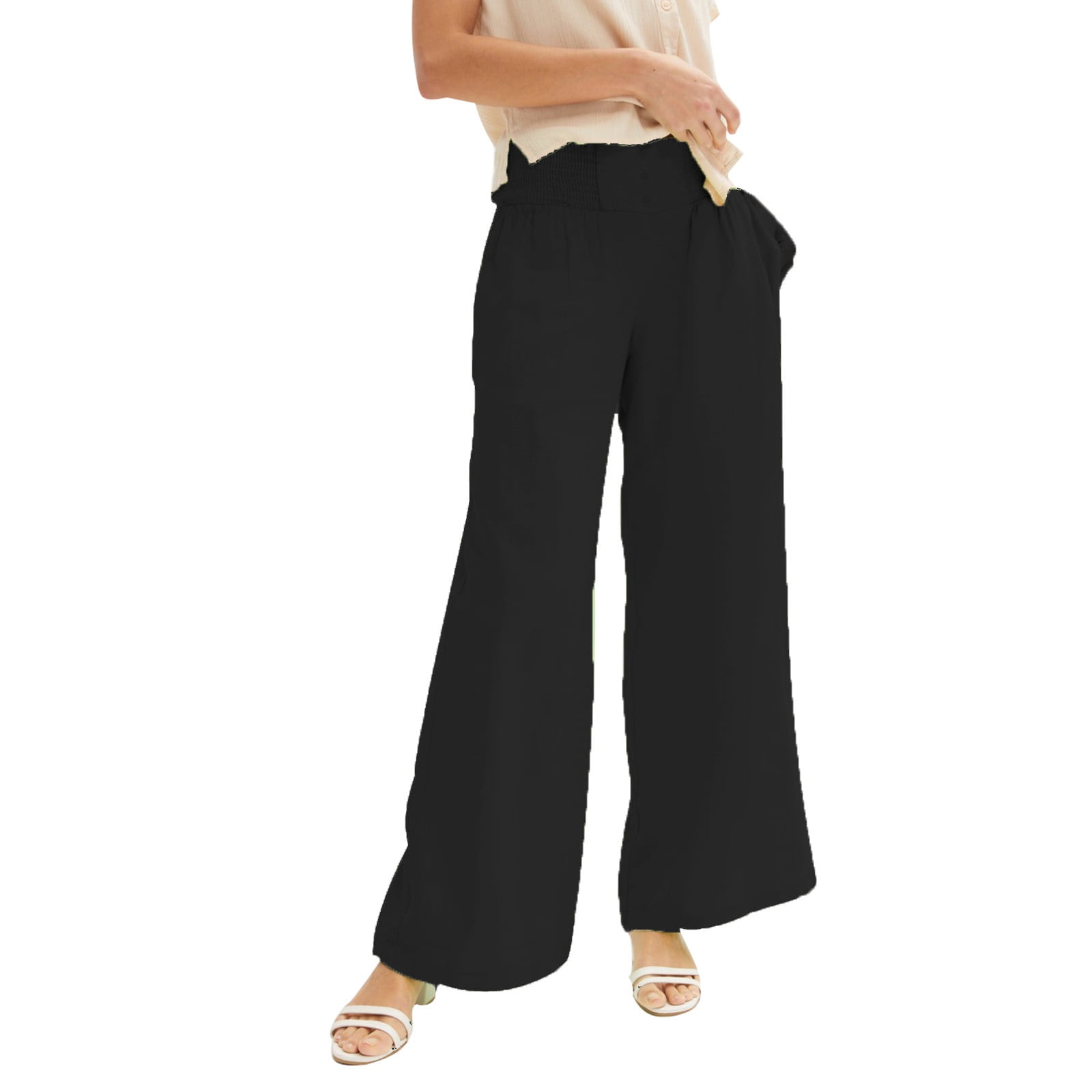 Womens Pants Casual Dress Pants for Women Tall Women s Solid Elastic Casual Cotton Linen Wide Leg Pants A Relaxed Stylish Adult Female Clothes Black Size M Walmart