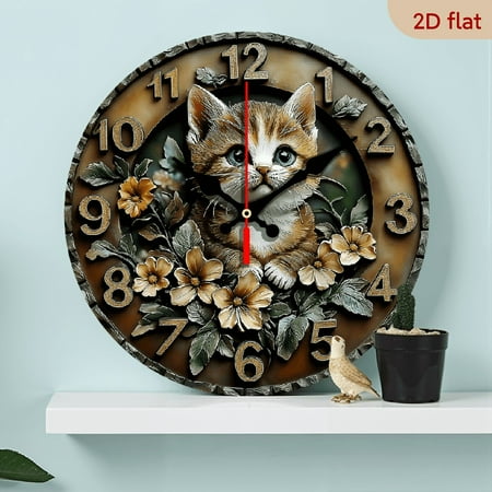 2D Flat 1pc 10Inch Wooden Round Wall Clock, Silent, Wooden, Manufactured Wood, with Cat Element, Dry Battery Power, 1pc AA Battery, for Home, Farmhouse, Living Room, Pub, Club, Cafe, Coffee Shop