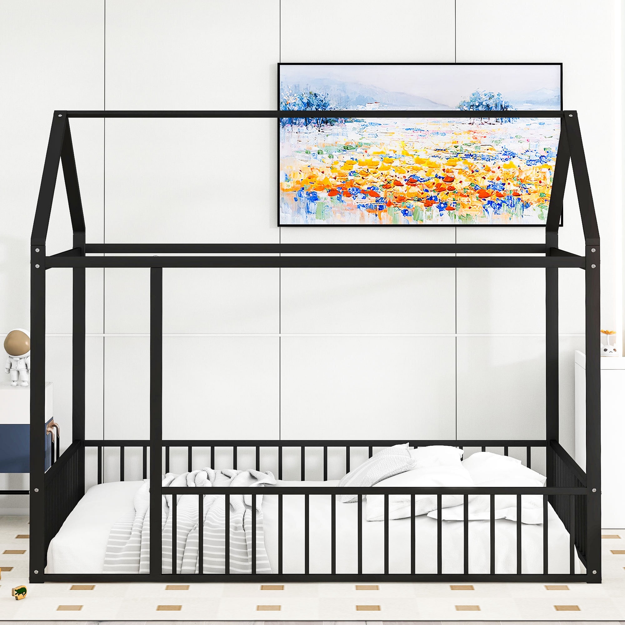 Full Size Montessori Floor Bed, Metal House Bed Frame for Kids, Kids Floor Beds with Fence Guardrails, Playhouse Bed for Kids Boys Girls
