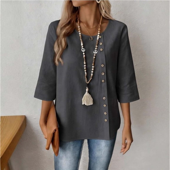 Ounisa Womens 3/4 Sleeve T Shirts Crew Neck Button Detail Solid Color Casual Trendy Loose Fit Spring Summer Daily Fashion Tops M-3XL