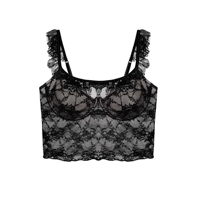 Sonducket Sujetador sexy Lencería de encaje Dama Ropa de dormir Atractivo Hebilla ajustable Flexible Transpirable Mano de obra fina sin costuras Ropa interior Negro METRO