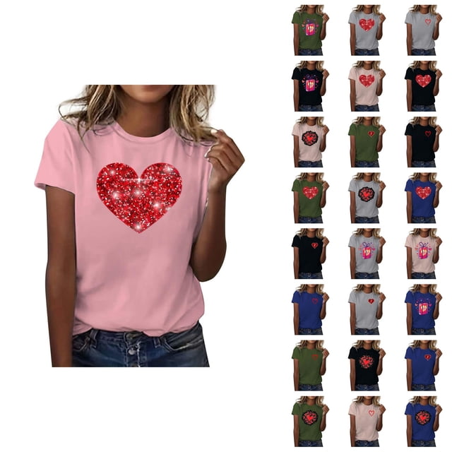 T-shirts de la Saint-Valentin pour Femmes 2026 à Manches Courtes Col Rond avec Cœur Graphique