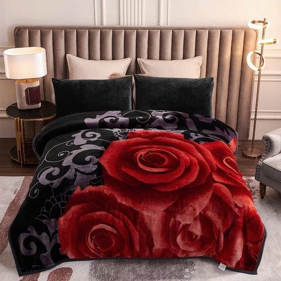 MERRY HOME Full/Queen Size Fleece Blanket For Bed, A & B Patterns Soft Warm Floral Blanket, Microfiber Plush Middle Weight Bed Blanket For All Season, Black Background Red Rose/Lily, 5LB, 75"x87"