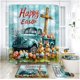 thumbnail image 1 of Juego de 4 cortinas de ducha con diseño de feliz Pascua, tapetes y tapa de inodoro, cortina de ducha con ganchos para baño con diseño de granja, estilo vintage, color azul, conejito, huevos florales, 1 of 2