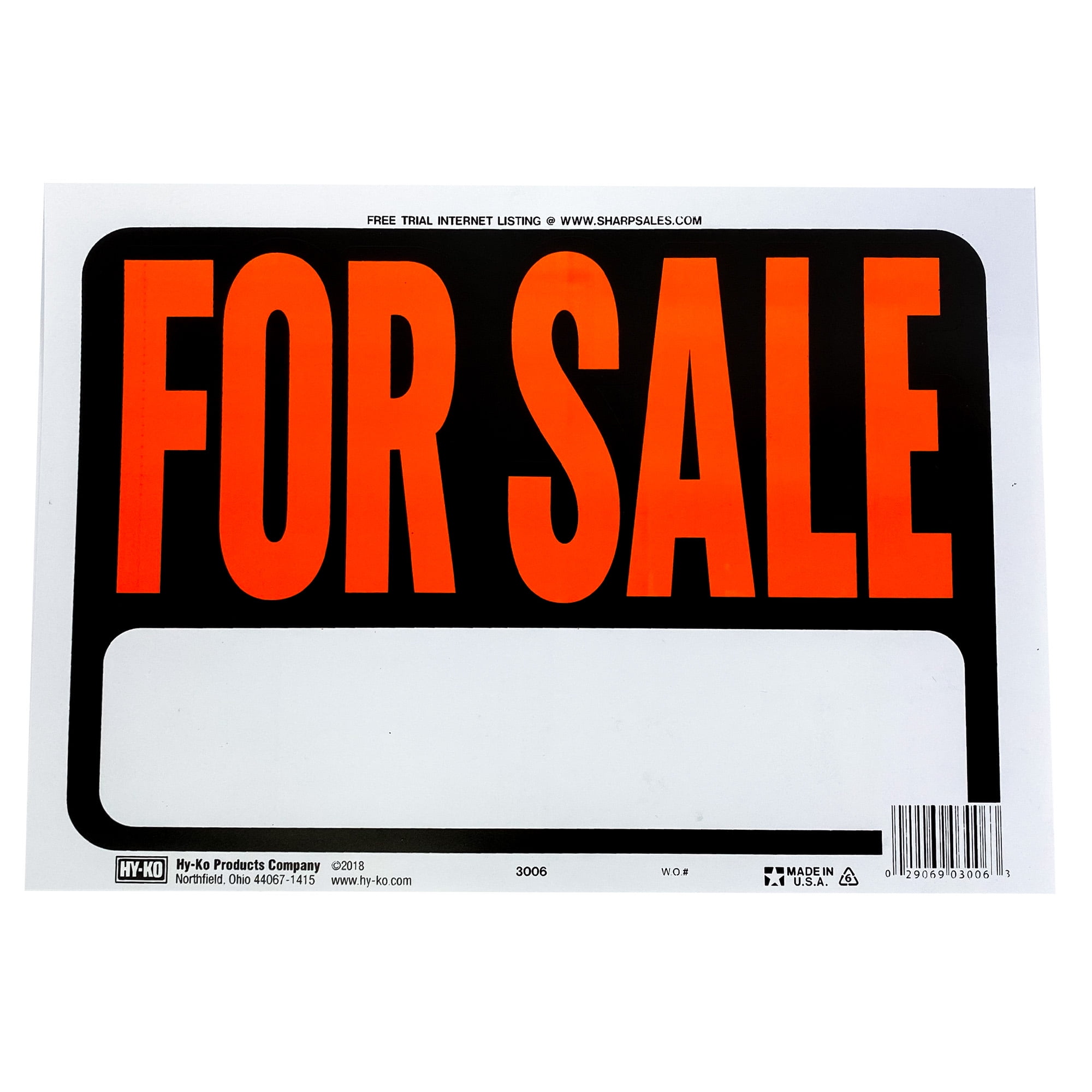 Hy-Ko 8.5 x 12 inch Plastic For Sale Sign with Text Box