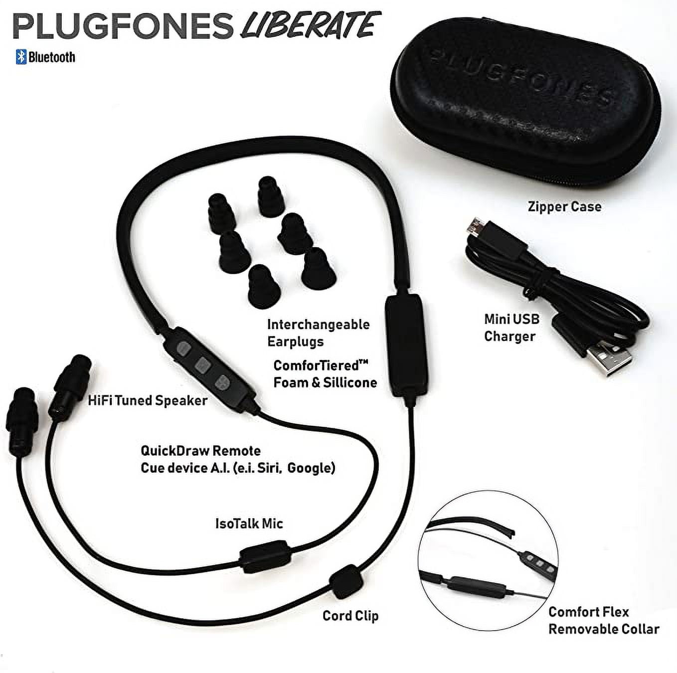 Plugfones Earphones Wireless Bluetooth Replaceable Tip, Black