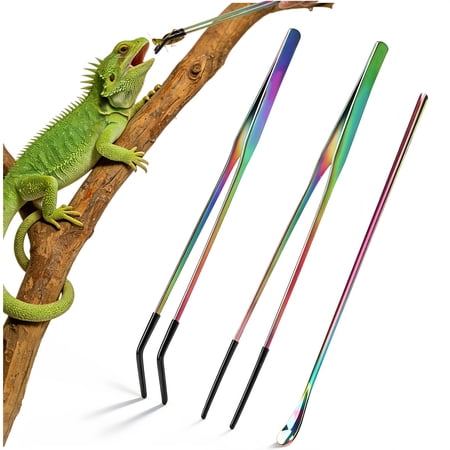 Stainless Steel Reptile Feeding Tongs with Rubber Tip - 10.6" Straight & Curved Tweezers for Aquariums & Crafts - Feeder Tools for Bearded Dragons & Lizards - Terrarium Tank Supplies - 2 Pack