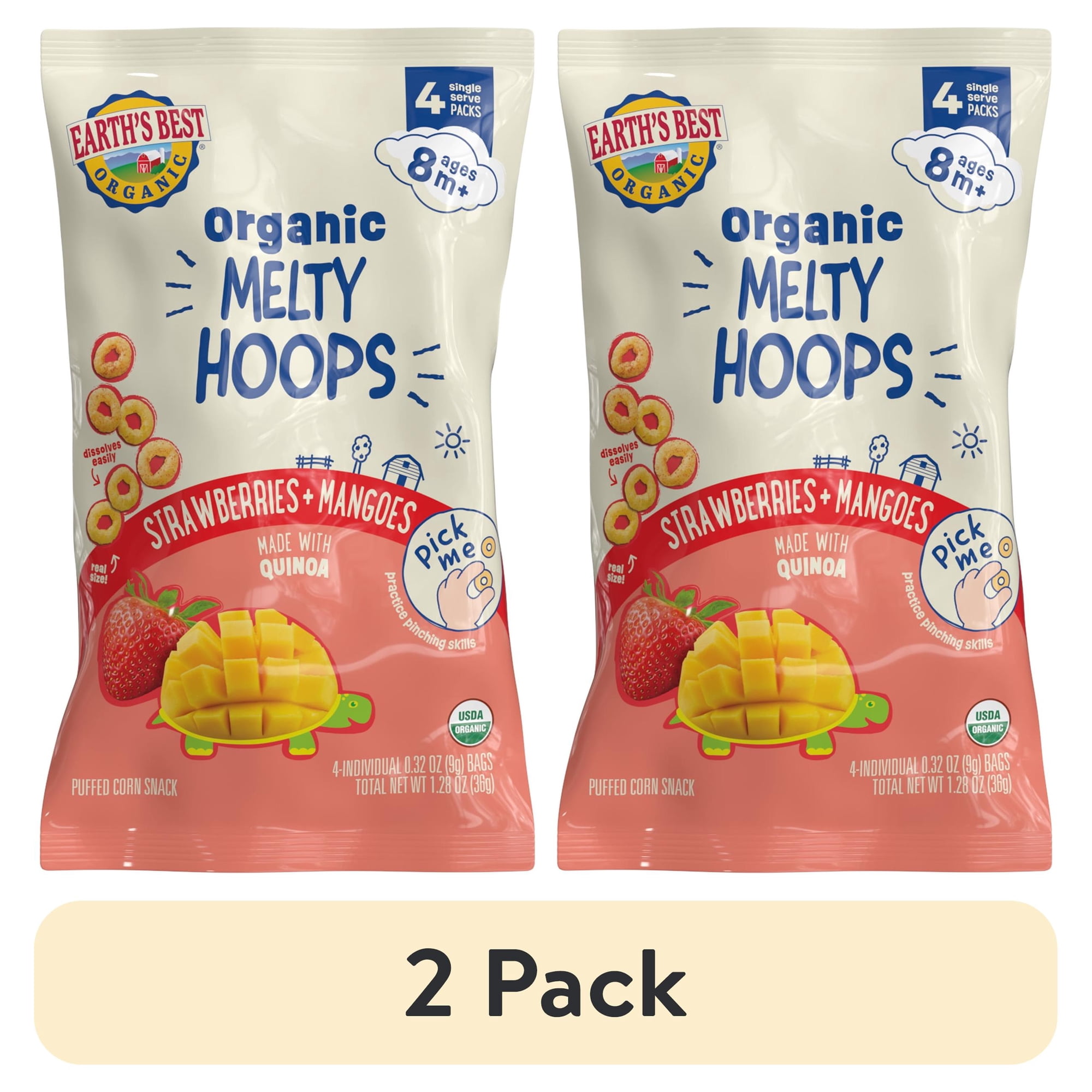 (2 pack) Earth's Best Organic Bite-Size Melty Hoops Strawberry Mango Puffed Baby Snack, 0.32 oz Bags (4 Pack)