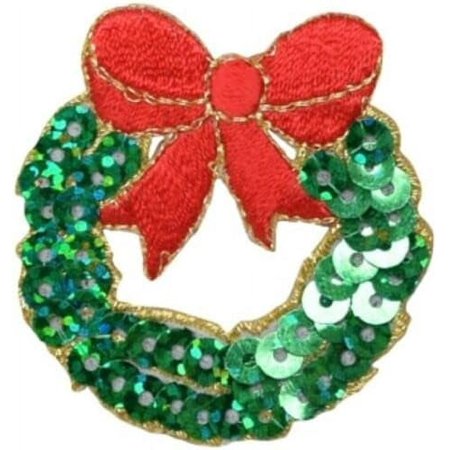 Christmas Wreath Iron On Applique Patch - Sequin Holiday Badge 1-7/8" - for Hats, Shirts, Shoes, Jeans, Bags, Sewing Decorating DIY Craft