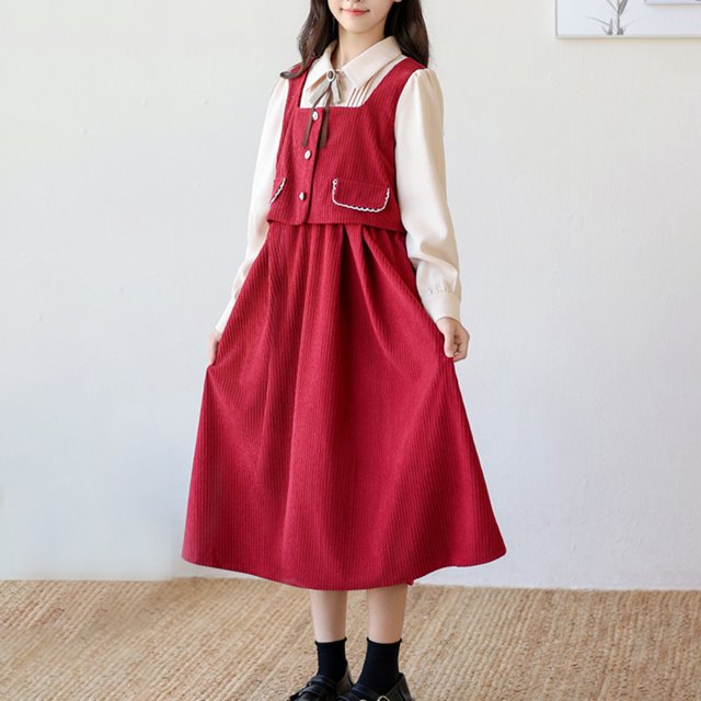 LIJCC Robe Salopette en Velours Côtelé d'Automne Tendance Décontractée Mignonne à Volants Col Peter Pan Manches Longues Robes Smockées Bretelles Réglables Ligne A Évasée Robe Midi Jumper