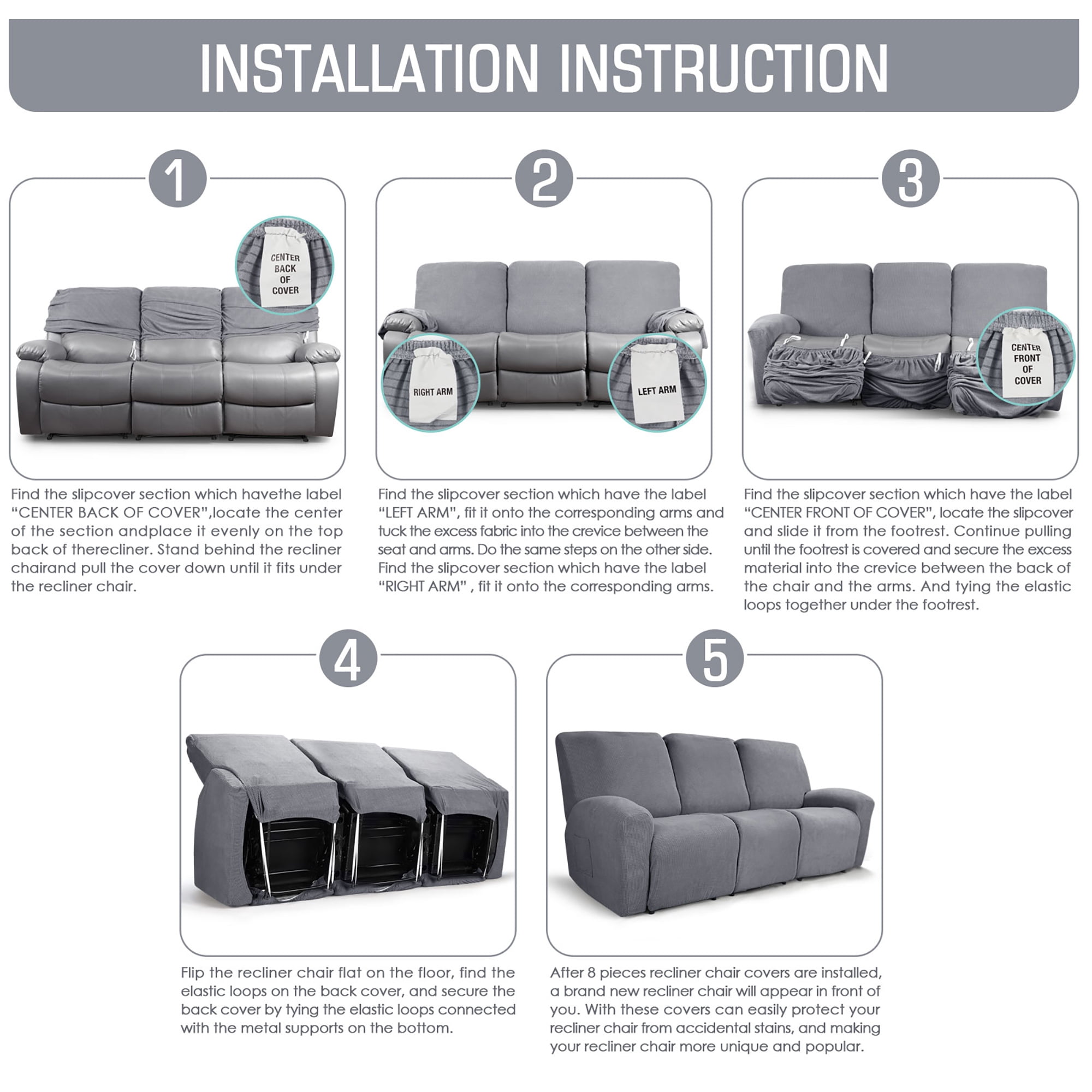 TAOCOCO 3-Seaters Stretch Recliner Sofa Slipcover Solid Couch Covers Furniture Chair Protector Dusty Gray