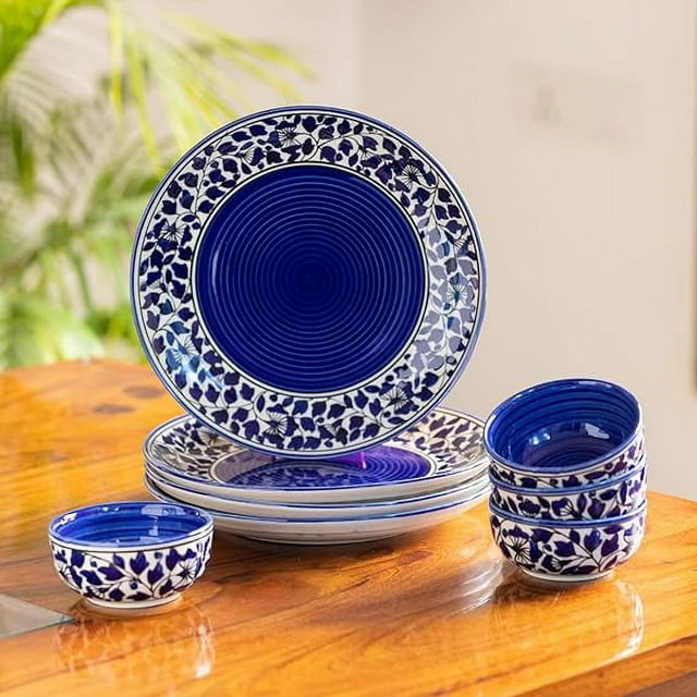 Badamwari Bagheecha-2' Handpainted Ceramic Dinner Set Ceramic Plates for Dinner Plates with Bowls Katoris (8 Pieces, Serving for 4, Dishwasher & Microwave Safe) |Dinnerware Serveware