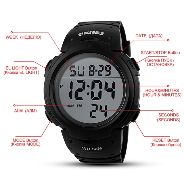 Waterproof Digital Sports Watch With Luminous Display 50M Water Resistance Alarm Stopwatch Timer Date Function