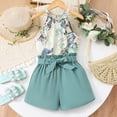 thumbnail image 2 of Huowey Girls Summer Outfit Floral Print Sleeveless Halter Neck Tan Top Elastic Waist Cute Bow Shorts Two Piece Fashion Cozy Breathable Clothes Set Vacation Dailywear,Sky Blue,12Y, 2 of 9
