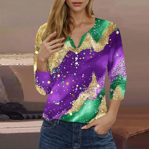 CYiJun Mardi Gras Shirts,Women's Glitter Mardi Gras Blouse,3/4 Sleeve Sequined Top with Fleur De Lis Pattern for Parade