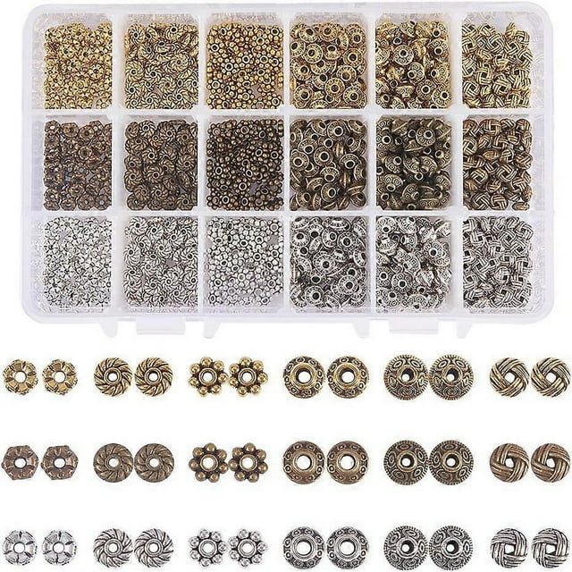 900pcs 6 Style Antique Silver Bronze Spacer Beads, Gear Bicone Flower Metal Jewelry Beads Spacers for Bracelet Necklace Making Supplies(Antique Silver