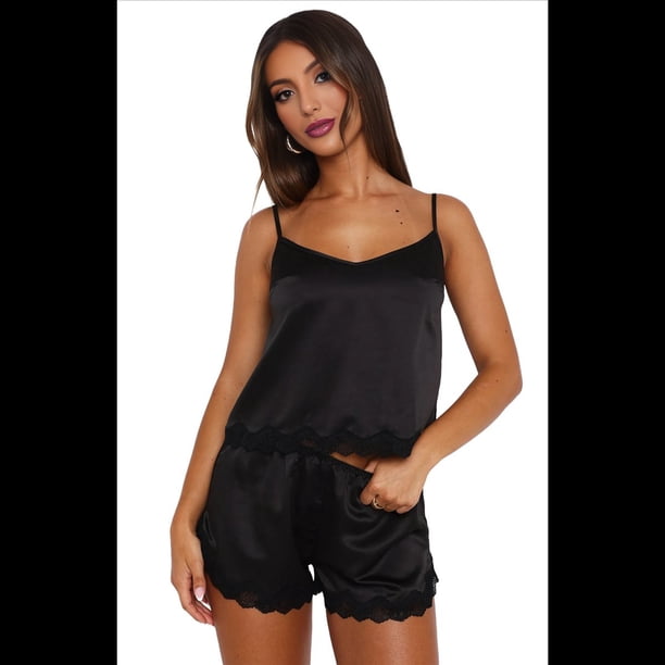 Pijama de Satén para Mujer, con Encaje, Lencería, Camisola y Pantalones Cortos Negro M
