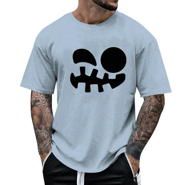 VBARHMQRT Men's Tank Shirts Men's Print Theme T Shirt Printed Solid Color Short Sleeve Top Light Blue
