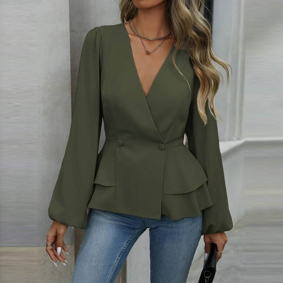 Elvqul Green Shirts for Women Casual Blouses V Neck Long Sleeve Solid Color Ladies Tops Fall