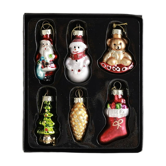 Christmas Glass Ornaments Set of 6 Handcrafted Blown Glass Holiday Ball Decorations with Snowman Tree Designs for Christmas Tree Decor Home Festive Mantle Display Table Centerpiece