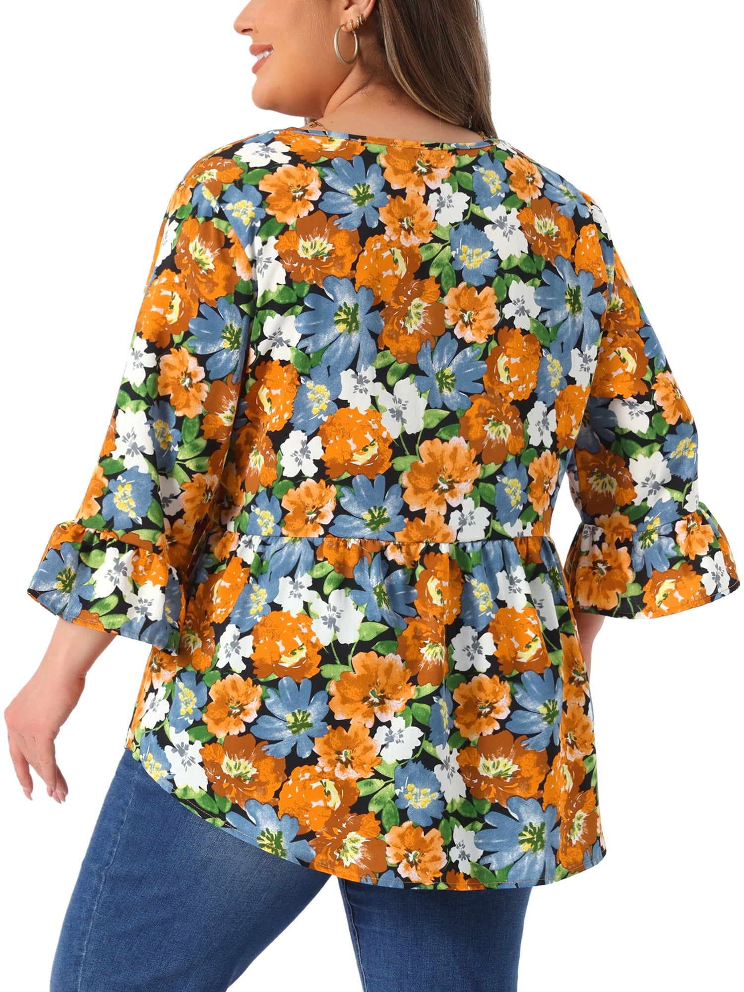 DARING DIVA Women's Plus Floral Blouses V Neck Ruffle Babydoll Peplum Tops 1X Black Orange