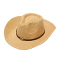 thumbnail image 2 of XIAOCHA Women Braided‑Badge‑Band Straw‑Weave Cowboy Hat Solid Beach‑Trip Western Hat Road‑Trip Western Cowboy Hat,Khaki, 2 of 6
