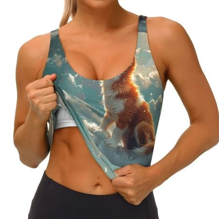 Qokaie Starry Sky Cloud Fox Pattern Womens Scoop Neck Sports Bra Breathable Workout Vest Padded U Back Medium Impact Fitness Gym Yoga Bra Workout Crop Top