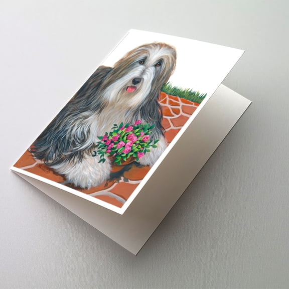 Bearded Collie Pot of Roses Greeting Cards and Envelopes Pack of 8
