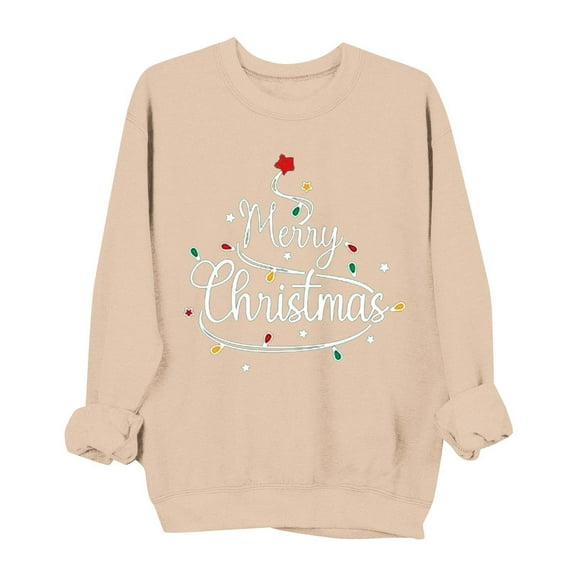 Enjoytime Crew Neck Sweatshirts Women Letter Print Pullover Sweatshirt Xmas Holiday Party Long Sleeve Tops Beige M
