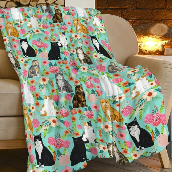 Cat Blanket Gifts for Girls Women Cute Cats Flowers Flannel Fleece Throw Blanket Soft Plush Lightweight Warm Fuzzy Teal Blanket for Cat Lovers Decor Bed Couch Living Room for Kids Cats and