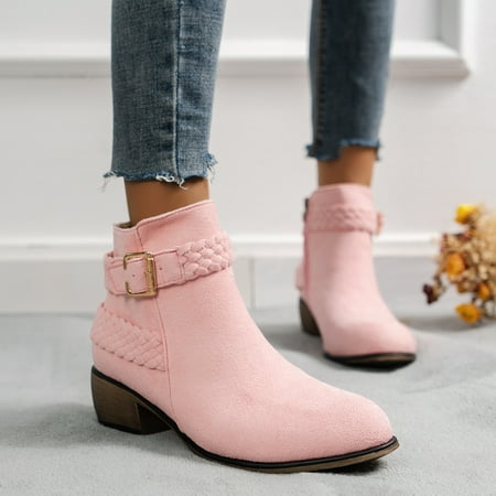 

Women‘s Round Toe Pink Ankle Boots Buckle Strap Side Zipper Chunky Heels Comfortable Short Boots