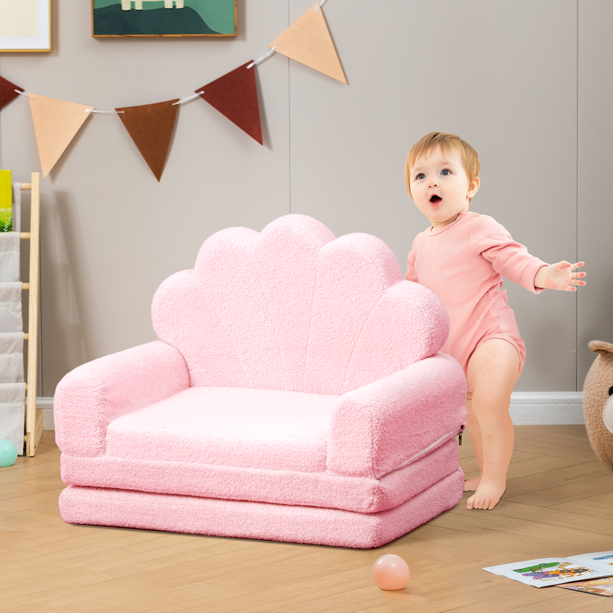 spanspace Kids Chairs for Toddler,Flip-Out 2-in-1 Convertible Chair to Lounger for Girls and Boys, Teddy Fleece Fabric, Pink