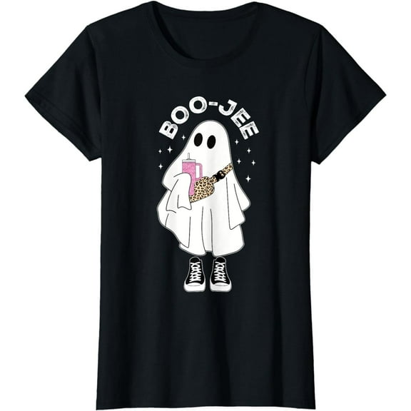 Cute Halloween Graphic Tee, Tops Has "BOO - JEE" & Stylish Ghost Design, Round Neck Regular Fit T - shirts, Size(S - 5XL)